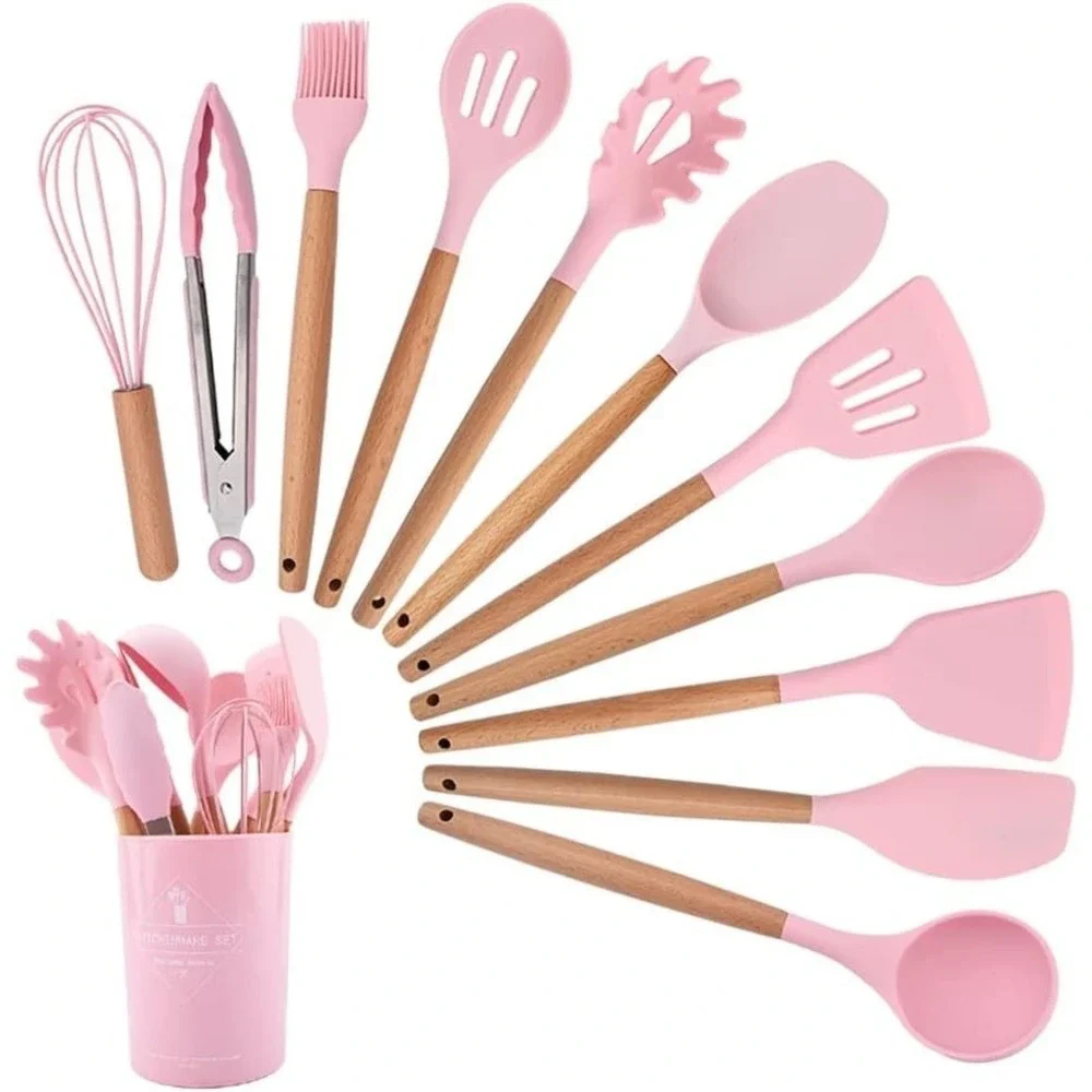 12pc Pink Silicone Kitchen Utensil Set with Wooden Handles and Storage Bucket